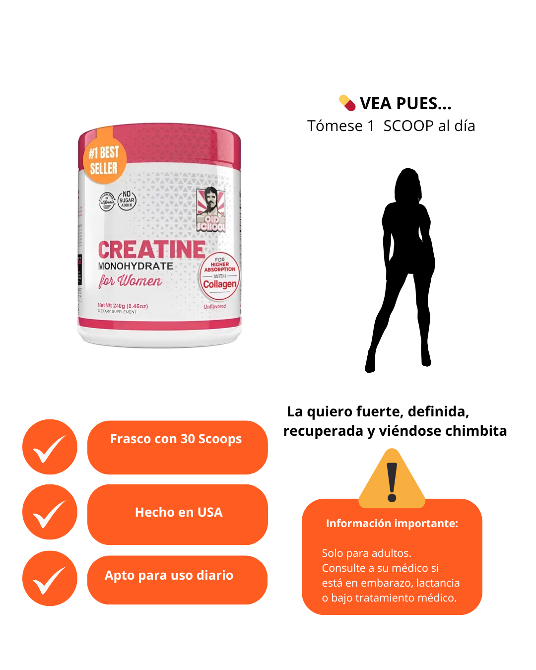 Creatina para Mujeres | Creatina Monohidratada con Colágeno Hidrolizado + BCAA